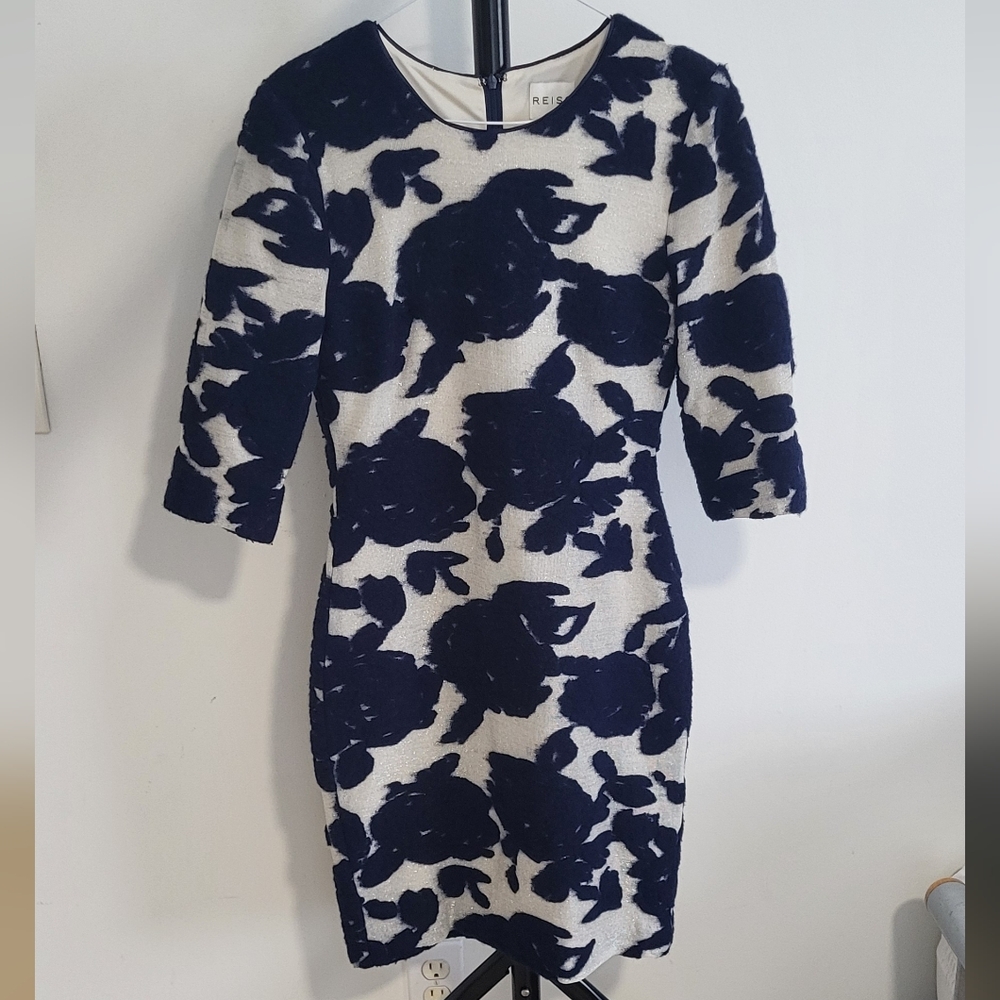 Reiss Leila Floral Navy, Cream And Gold Mini Dress